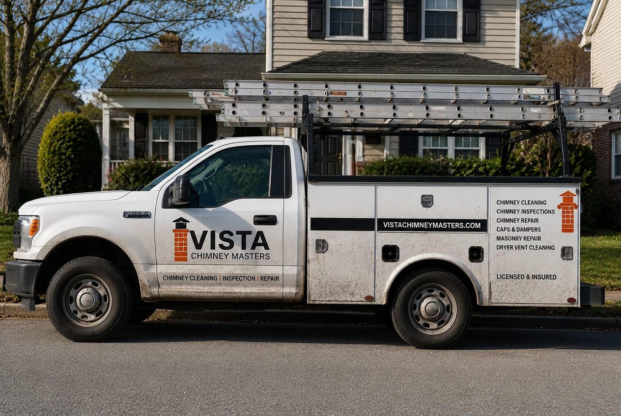 Vista Chimney Masters branded service van parked outside a suburban home, ready for a chimney inspection and cleaning appointment