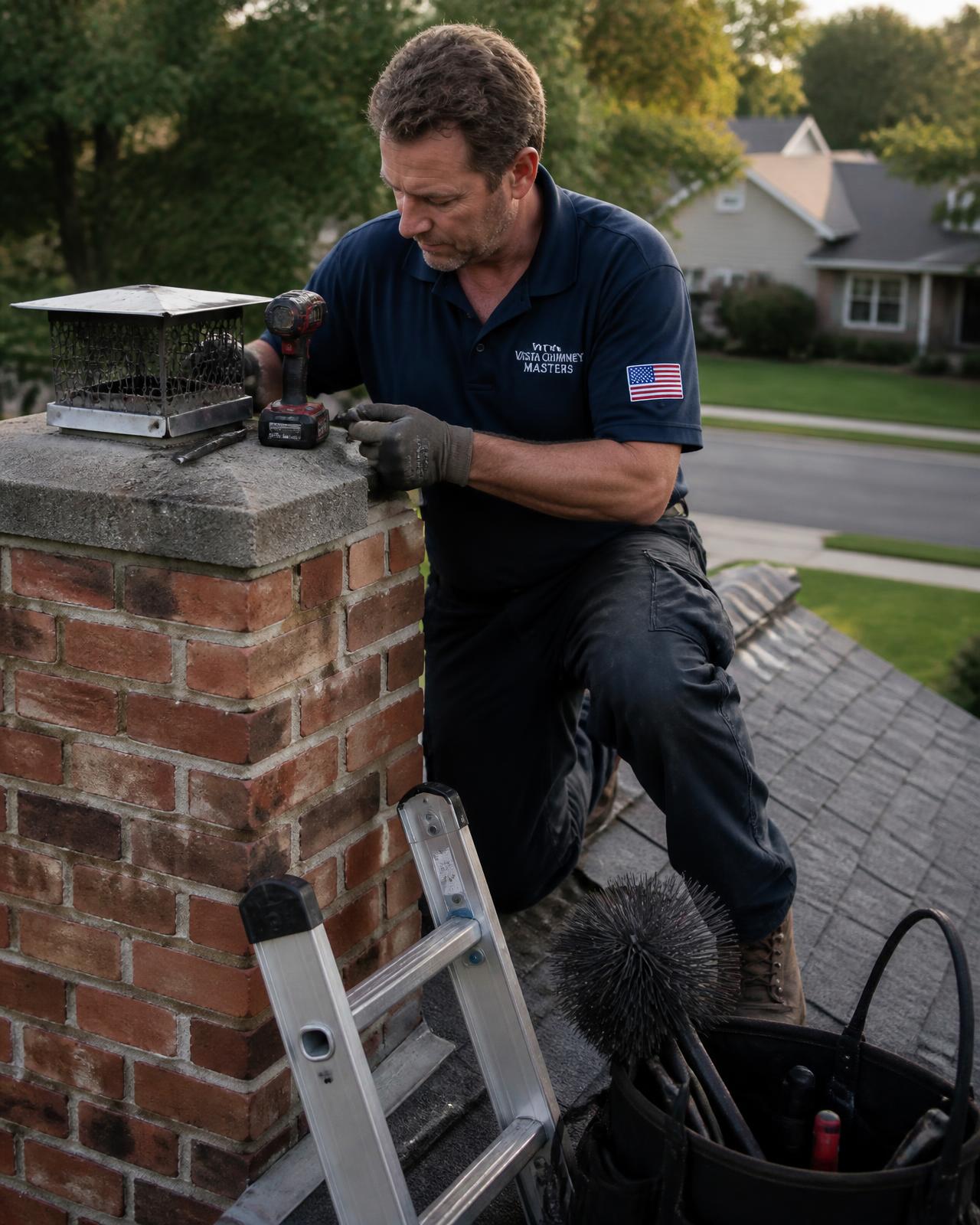 Chimney technician beside a brick chimney on a residential roof